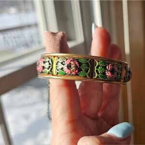 Gold Tone Floral Enamel Bangle Bracelet With Safety Chain